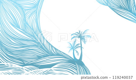Horizontal background palm trees and sea graphic lines. Hand drawing. Not AI, Vector illustration. 119240037