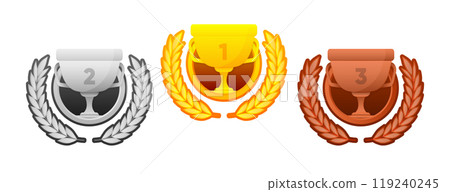 Winner award for 1st, 2nd, 3rd place. Prizes for winner. Gold, silver and bronze cups and wreathes. Vector illustration. Winner award for 1st, 2nd, 3rd place. Prizes for winner. Gold, silver and bronze cups and wreathes. Vector illustration. 119240245