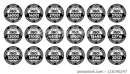 Iso certified standarts collection. International Organization for Standardization stamp. Vector illustration. Iso certified standarts collection. International Organization for Standardization stamp. Vector illustration. 119240247