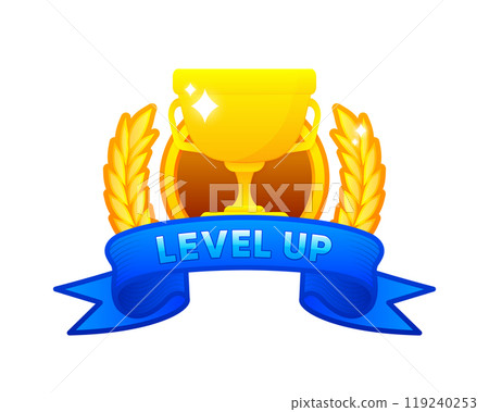 Level UP. Cartoon logo design for a game, symbolizing advancement. Vector illustration. 119240253