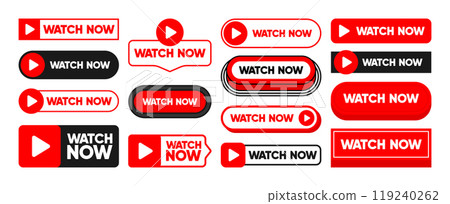 Set of Watch Now buttons. Play video buttons. Watch video. Play now. Online translation. UI concept. Vector illustration. 119240262