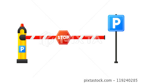 Open and Closed Car Barriers with stop and park signs. Automatic car barrier gate. Parking payment machine with barrier. Vector illustration. Open and Closed Car Barriers with stop and park signs. Automatic car barrier gate. Parking payment machine with barrier. Vector illustration. 119240285