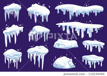 Winter snowcap mega set elements in flat graphic design. Collection objects of snow caps with frozen icicles, white and blue snowy borders at house roof and seasonal decoration. Vector illustration. 119240480