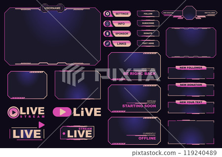 Gamers stream screen frames mega set elements in flat graphic design. Collection objects of bars and buttons, different panels and huds with setting, info, live chat and other. Vector illustration. 119240489