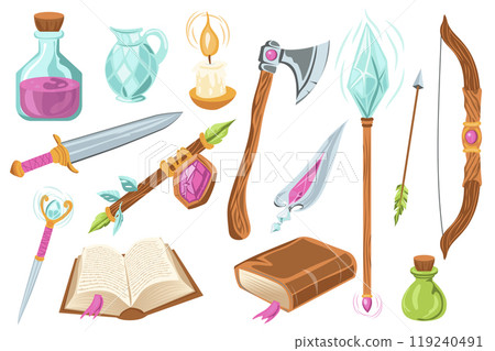 Fantasy magic weapons mega set elements in flat graphic design. Collection objects of potion bottles, wizard wand with crystal, warrior sword, fight axe, magician books and other. Vector illustration. Fantasy magic weapons mega set elements in flat graphic design. Collection objects of potion bottles, wizard wand with crystal, warrior sword, fight axe, magician books and other. Vector illustration. 119240491