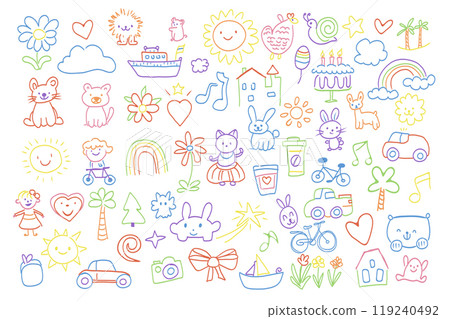 Cute hand drawn doodles mega set elements in flat graphic design. Collection objects of flowers, hearts, clouds, lion, ship, sun, snail, stars, palm, rainbow, cat, dog and other. Vector illustration. Cute hand drawn doodles mega set elements in flat graphic design. Collection objects of flowers, hearts, clouds, lion, ship, sun, snail, stars, palm, rainbow, cat, dog and other. Vector illustration. 119240492