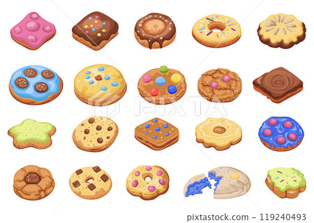 Cookies mega set elements in flat graphic design. Collection objects of different homemade pastries and delicious gingerbread, decorated with colored icing tops and cocoa chips. Vector illustration. Cookies mega set elements in flat graphic design. Collection objects of different homemade pastries and delicious gingerbread, decorated with colored icing tops and cocoa chips. Vector illustration. 119240493