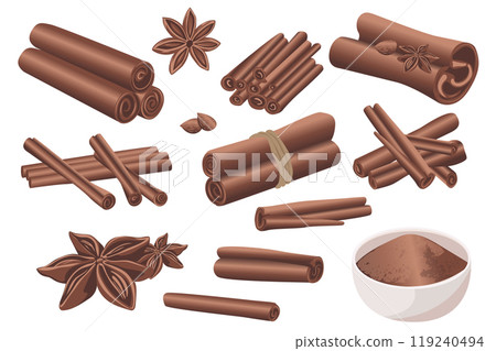 Cinnamon cooking spice mega set elements in flat graphic design. Collection objects of dry aromatic rolled sticks, powders in bowl, star anise and seeds, sweet bakery ingredients. Vector illustration. 119240494