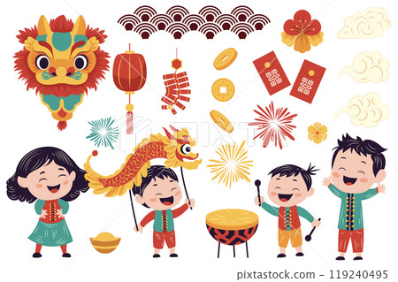 Chinese New Year mega set elements in flat graphic design. Collection objects of asian symbols, dragon head, lanterns, coins, clouds, ornament patterns, boys and girl celebrate. Vector illustration. 119240495