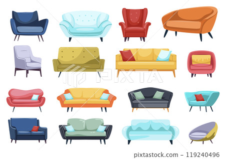 Sofas and armchairs mega set elements in flat graphic design. Collection objects of different styles and colors couches, ottomans and chairs with pillows. Home interior furniture. Vector illustration. Sofas and armchairs mega set elements in flat graphic design. Collection objects of different styles and colors couches, ottomans and chairs with pillows. Home interior furniture. Vector illustration. 119240496