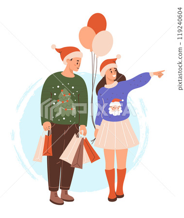 Happy festive couple man and woman in Santa hats and Christmas sweaters with gift shopping packages and balloons. Vector illustration. Holiday new year shopper character 119240604