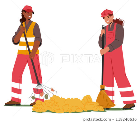 Two Female Workers In Reflective Uniforms Raking And Sweeping Autumn Leaves Into Piles In A City Park Environment 119240636