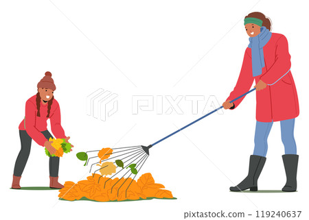 Woman And A Girl Are Working Together To Gather Autumn Leaves In A Backyard. Cartoon Vector Isolated on White Background 119240637