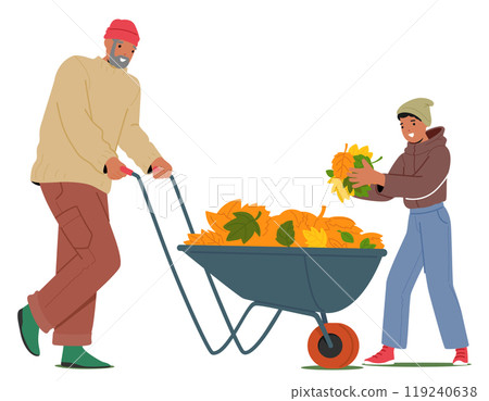 Man Pushes A Wheelbarrow Filled With Autumn Leaves While A Younger Person Helps Collect And Gather The Leaves 119240638