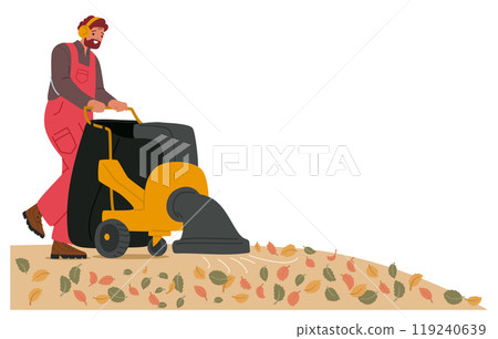 Worker Pushing A Leaf Blower Machine While Collecting Autumn Leaves In A City Park. Showing A Focus On Urban Cleanliness 119240639