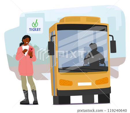 Cartoon Woman Standing Next To A Bus Uses Her Smartphone To Pay For A Ticket Via A Contactless Method 119240640