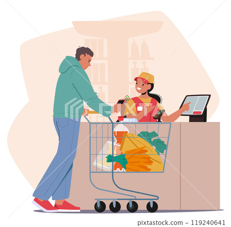 Cartoon Man With Shopping Cart Filled With Fresh Vegetables And Goods Makes Contactless Payment For Groceries Cartoon Man With Shopping Cart Filled With Fresh Vegetables And Goods Makes Contactless Payment For Groceries 119240641