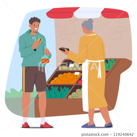 Man Purchases Fresh Produce From A Local Market Vendor. Male Character Making Transaction Using A Contactless Payment Man Purchases Fresh Produce From A Local Market Vendor. Male Character Making Transaction Using A Contactless Payment 119240642