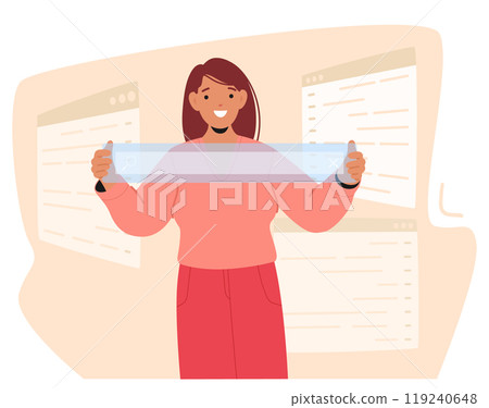 Woman Holds Transparent Bar With Search Options While Working In An Abstract Workspace Filled With Interface Panels 119240648