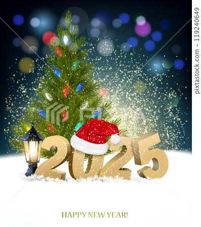 New Year and Merry Christmas Holiday Background with 2025 and colorful garland. Vector. 119240649