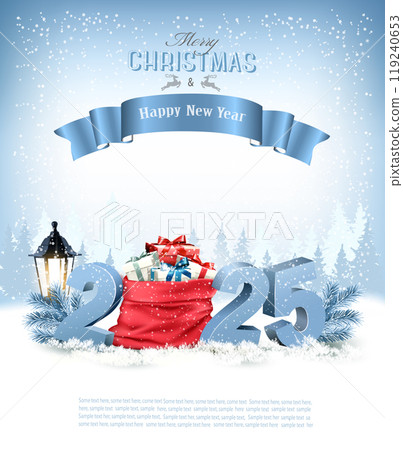 Holiday Christmas background with a red sack full presents and 2025. Vector. Holiday Christmas background with a red sack full presents and 2025. Vector. 119240653
