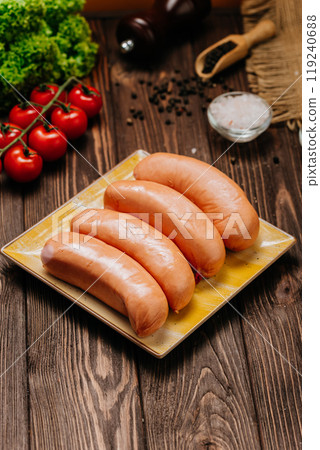 Four fresh sausages on plate, perfect for food photography, advertising, or culinary projects Four fresh sausages on plate, perfect for food photography, advertising, or culinary projects 119240688