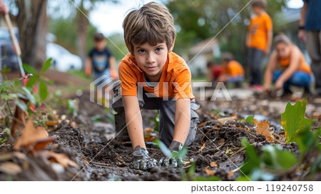 A neighborhood cleanup event with families participating. 119240758