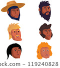 Avatars Icons of people A set of icons in a flat style Vector illustration. Men face are different facial features with a beard in a hat and with a mustache drawn by hand. Different hair and skin 119240828