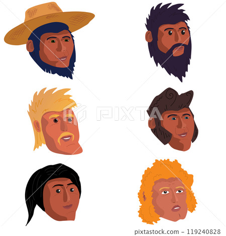 Avatars Icons of people A set of icons in a flat style Vector illustration. Men face are different facial features with a beard in a hat and with a mustache drawn by hand. Different hair and skin 119240828