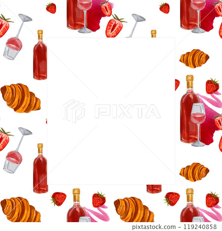 Watercolor frame Paris on a white background, wine and croissant, splash of wine, strawberries, romantic dinner, walk in France. Travel card 119240858