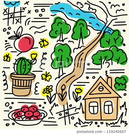 This colorful illustration features a serene landscape with a winding river, green trees, a charming house, and an assortment of plants, evoking a sense of tranquility in nature. 119240887