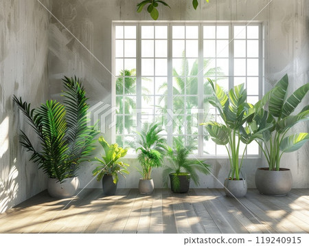 A tranquil indoor space features a variety of lush potted plants arranged near large windows, allowing natural light to fill the room with greenery and warmth. 119240915