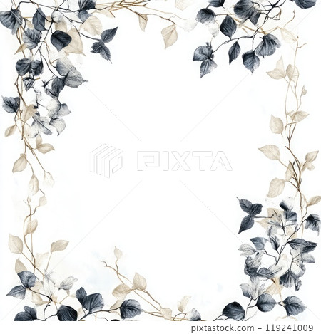 A beautifully crafted border of black and white leaves and vines enhances a blank space, ideal for invitations or creative projects, showcasing natural elegance. 119241009