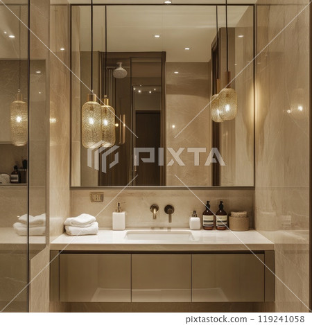 A beautifully designed bathroom featuring a minimalist vanity with a sink, stylish pendant lights, and natural decor accents creating a calming atmosphere. A beautifully designed bathroom featuring a minimalist vanity with a sink, stylish pendant lights, and natural decor accents creating a calming atmosphere. 119241058