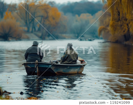 Two individuals sit in a small boat, fishing calmly on a river surrounded by vibrant autumn trees and reflecting water under an overcast sky. 119241099