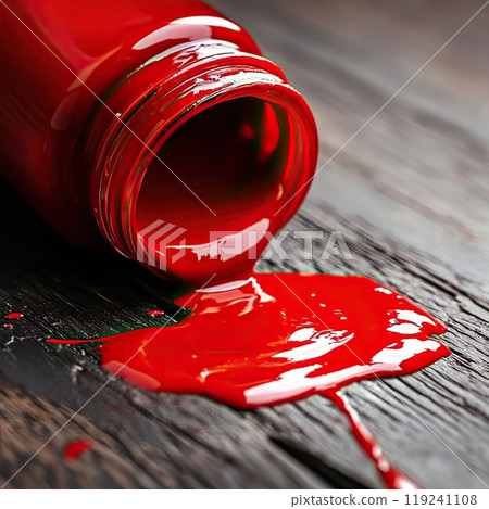 A vibrant red paint bottle is tipped over, spilling its contents onto a rustic wooden surface, showcasing rich colors and textures in an artistic setting. A vibrant red paint bottle is tipped over, spilling its contents onto a rustic wooden surface, showcasing rich colors and textures in an artistic setting. 119241108