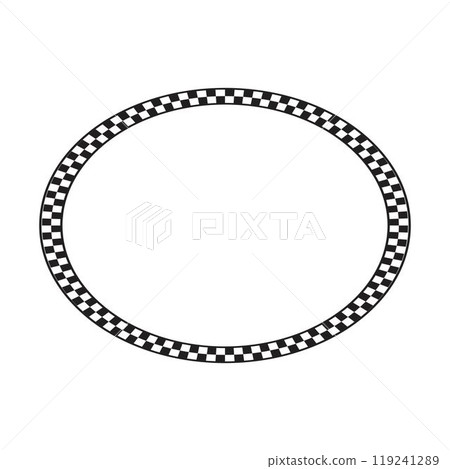 Elliptic frame with black and white checkered print. Oval vignette with checkerboard, race flag or chess game board squares pattern. Geometric framework. Vector graphic illistration Elliptic frame with black and white checkered print. Oval vignette with checkerboard, race flag or chess game board squares pattern. Geometric framework. Vector graphic illistration 119241289