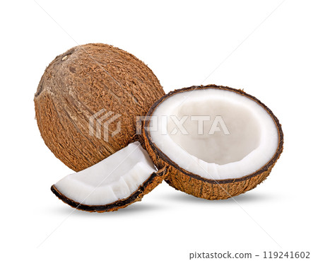 Set or collection of fresh whole and half coconut  on white background 119241602