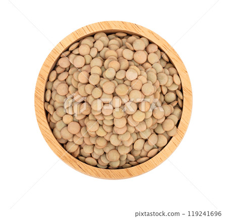 green lentil in wooden bowl isolated on white background. Top view green lentil in wooden bowl isolated on white background. Top view 119241696
