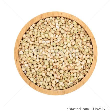 Green buckwheat in a wooden bowl ,top view Green buckwheat in a wooden bowl ,top view 119241700