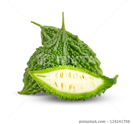 Fresh bitter gourd Bitter cucumber or bitter melon with cut slice isolated on white background. 119241708