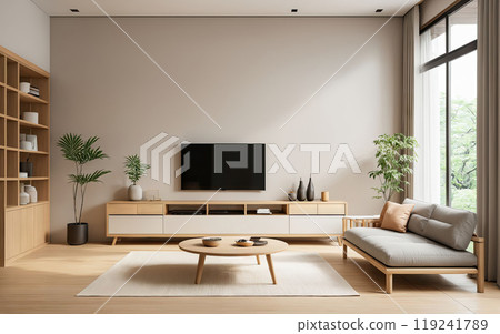 A living room with a large flat screen TV 119241789