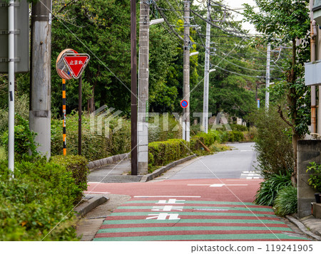 Poor visibility intersections, stop warnings, [Stop] road signs and road markings 119241905