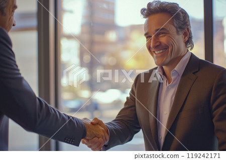 Smiling businessman shaking hands with a colleague Smiling businessman shaking hands with a colleague 119242171