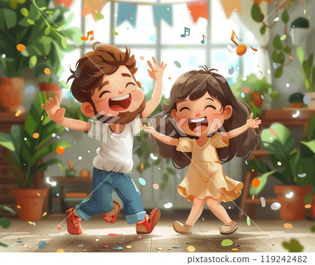 A family having a dance party at home. 119242482