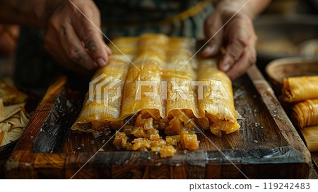 A close-up of a tamale being unwrapped. A close-up of a tamale being unwrapped. 119242483