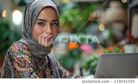 A woman in a hijab working on a laptop in an office. A woman in a hijab working on a laptop in an office. 119242505
