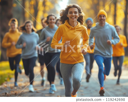 A group of people participating in a charity run for community care. 119242698