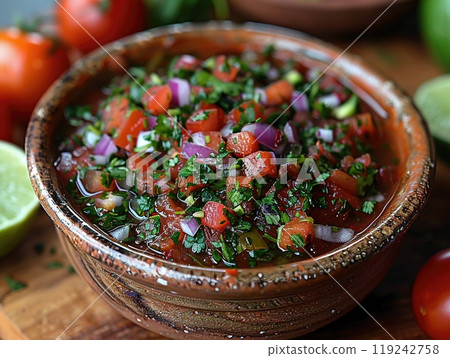A close-up of a bowl of authentic Mexican salsa. 119242758