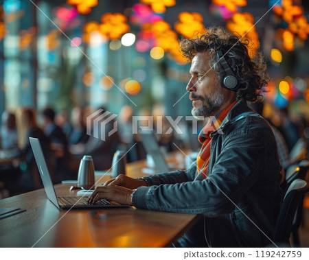 A person with a hearing impairment using sign language in a meeting. 119242759